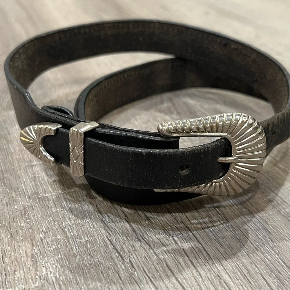 Handmade Colorado Leather Goods 36W Black Belt Silver Buckle Beaded Accent Belt